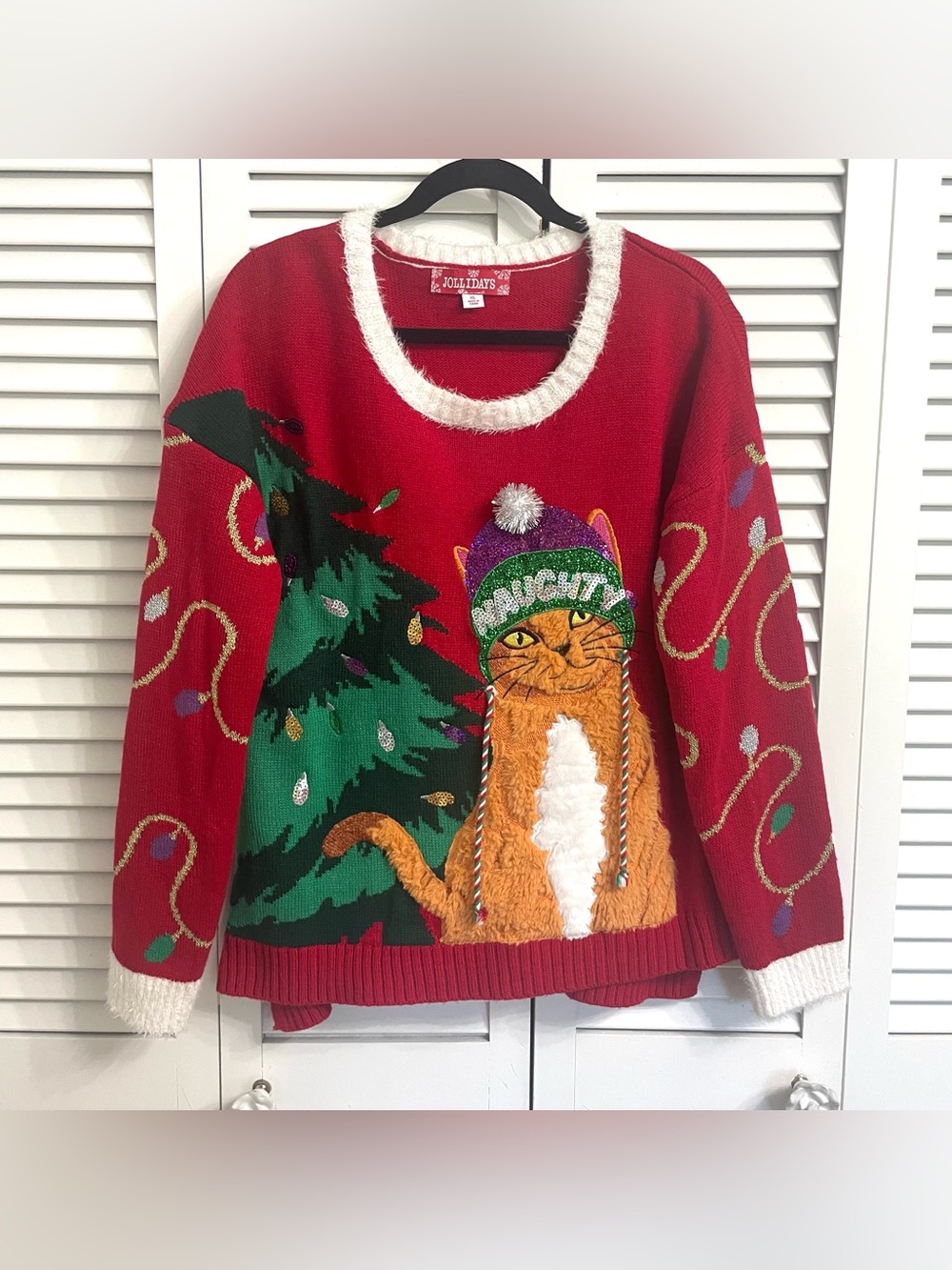 Jollidays Women XL Red Naughty Cat Ugly Christmas Sweater Furry Lights Sequins